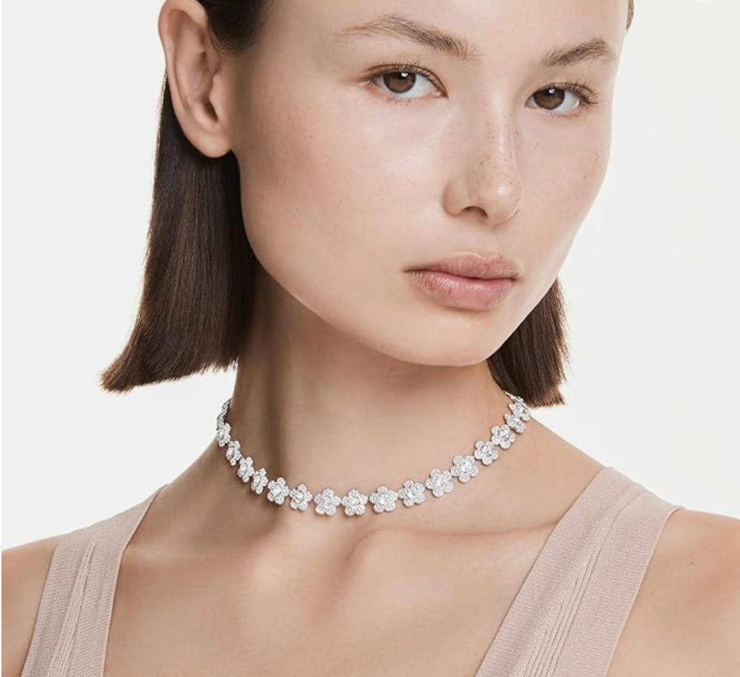 Silver Pavé Crystal Flower Station Tennis Choker Necklace