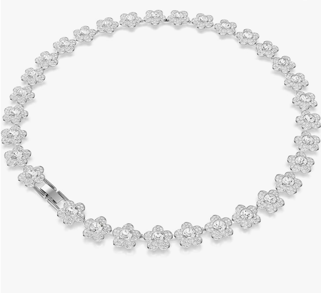 Silver Pavé Crystal Flower Station Tennis Choker Necklace