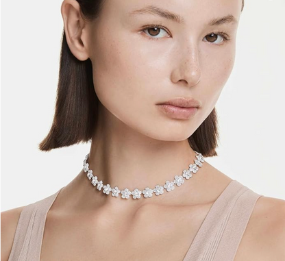 Silver Pavé Crystal Flower Station Tennis Choker Necklace