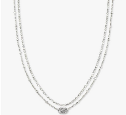 Silver Delicate Two-Strand Pavé Bar and Bezel Drop Layered Necklace