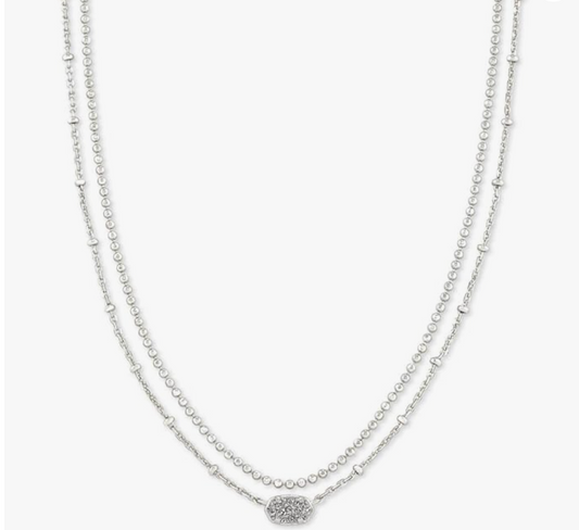 Silver Delicate Two-Strand Pavé Bar and Bezel Drop Layered Necklace