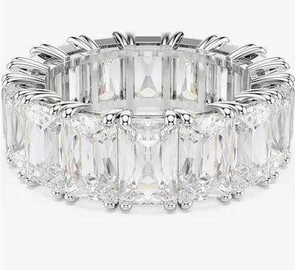 Silver Emerald-Cut Clear Crystal Full Eternity Band Ring
