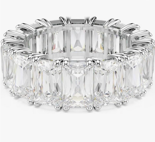Silver Emerald-Cut Clear Crystal Full Eternity Band Ring