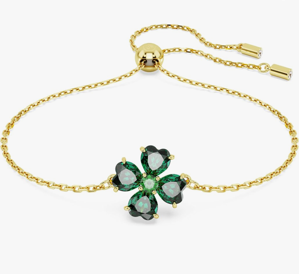 Gold Emerald-Green Crystal Four-Leaf Clover Bolo Bracelet