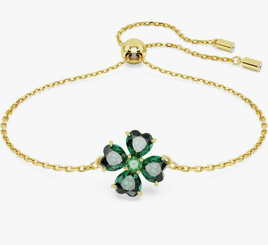 Gold Emerald-Green Crystal Four-Leaf Clover Bolo Bracelet